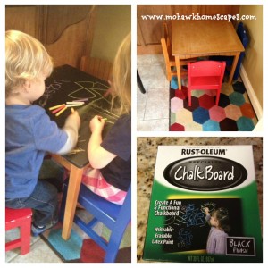 DIY, Chalk Board DIY, Chalk table, Home Depot, toddler play ideas, kid play ideas, playroom, chalk play