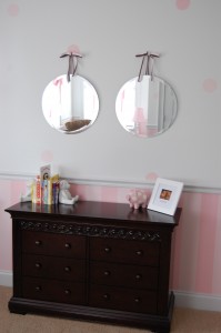 round mirror, baby girl nursery, target mirror, ribbon hung mirror