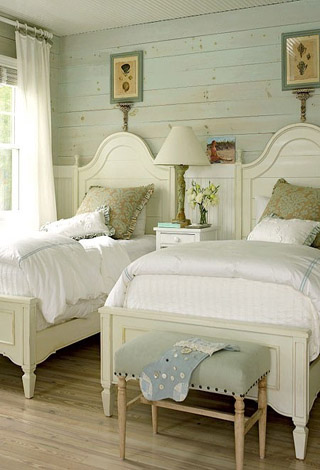 twin beds cottage style bedroom, Pinterest inspiration, lots of light