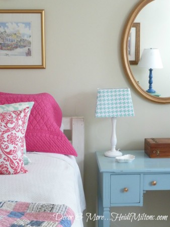 refurbished dresser, thrift store finds, white linens, bedroom refresh, re-positioned artwork