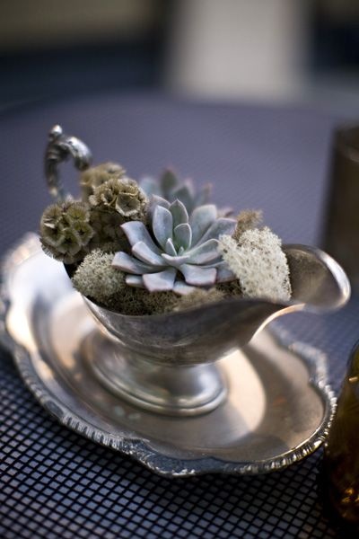 Upcycle decore, recycle decor, repurposed, thrift store finds, DIY, gravy boat make over, recycle silver servewear