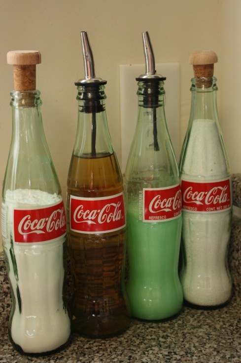 Upcycle decore, recycle decor, repurposed, thrift store finds, DIY oil dispenser, reuse old soda bottles
