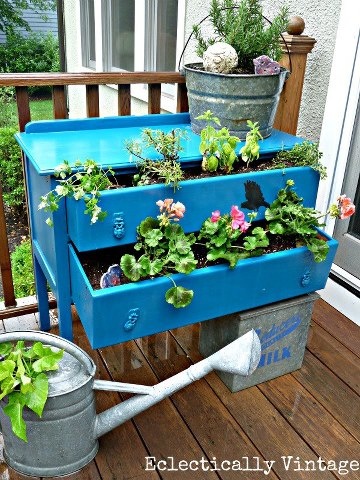 Upcycling balcony garden.Upcycle decore, recycle decor, repurpose, thrift store finds, furniture makeover, upcycle old dresser, vintage furniture