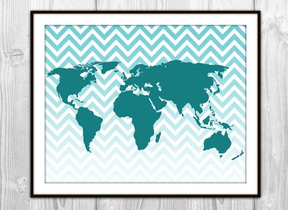 Teal Decor, Teal Design Ideas, Teal Accessories, How to Pair Teal, Teal Accents, Etsy Map, Teal Art, World Map Ombre Chevron Art Print
