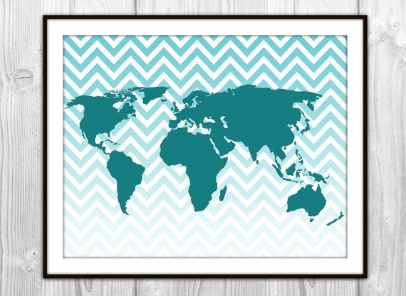 Teal Decor, Teal Design Ideas, Teal Accessories, How to Pair Teal, Teal Accents, Etsy Map, Teal Art, World Map Ombre Chevron Art Print
