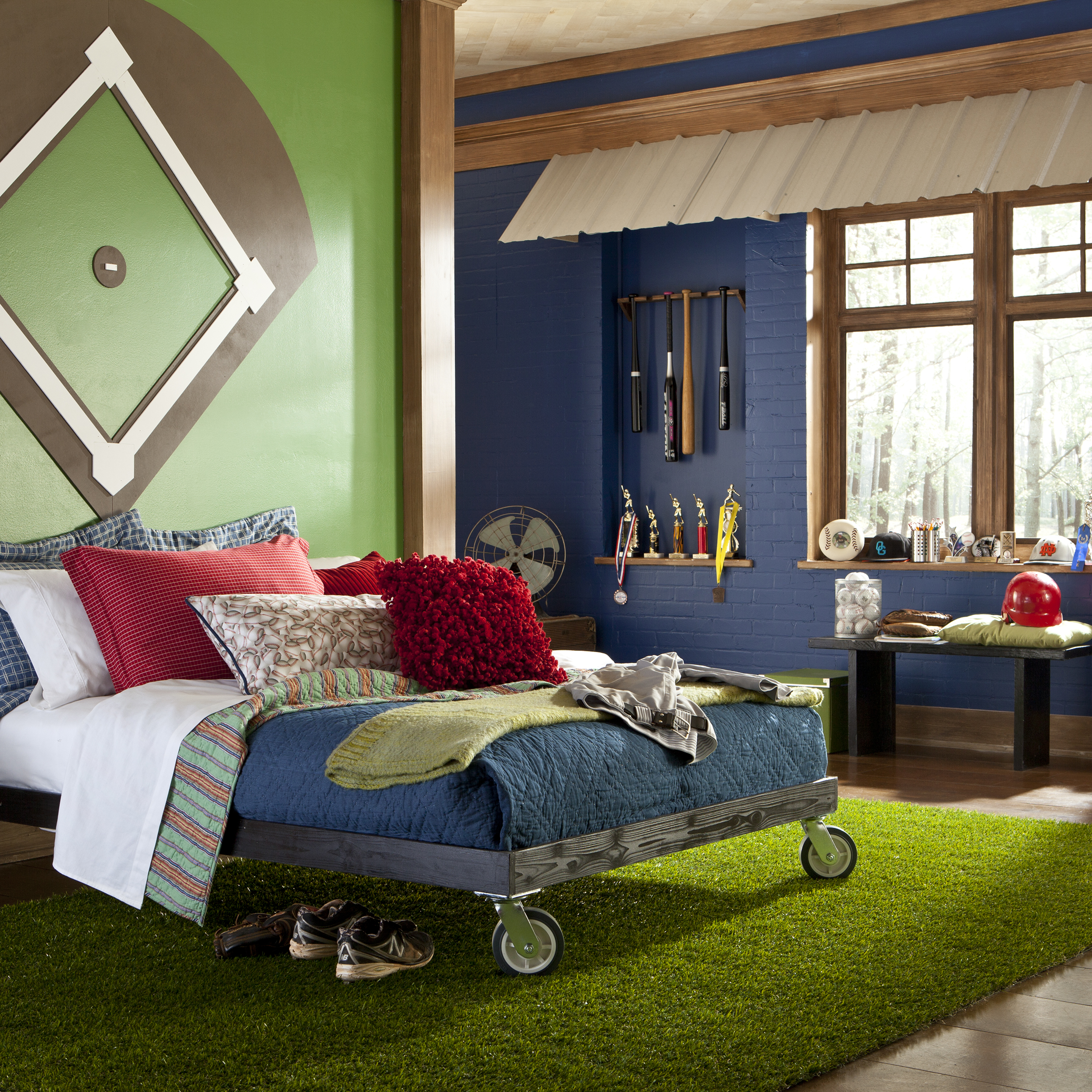 boys room, baseball theme room, big boy baseball room, grass rug, turf rug, baseball room design