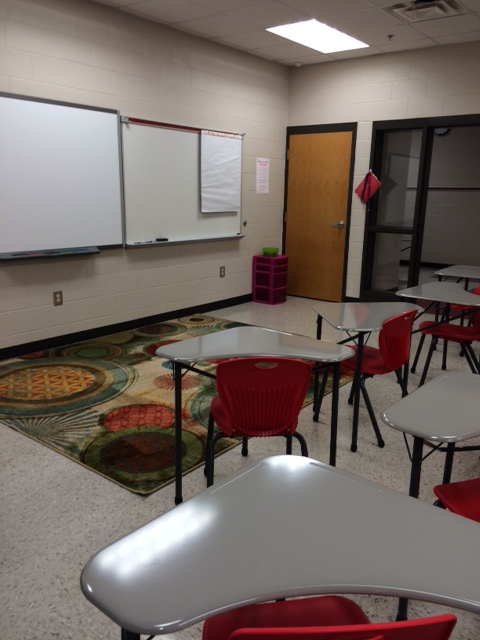 classroom with area rug, classroom redo, school rug
