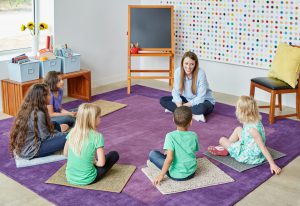 Remnant Squares from Mohawk Home help keep students in their spot during teaching time.