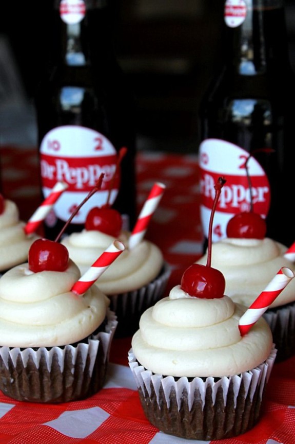 Festive chocolate Dr. Pepper cupcakes make a great summer treat! 