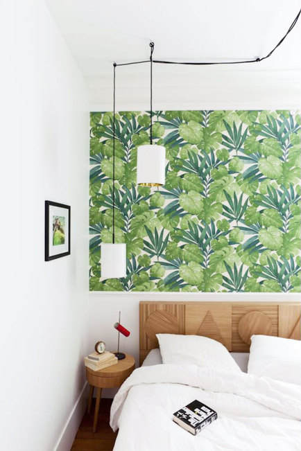 Guest bedroom with botanical wallpaper