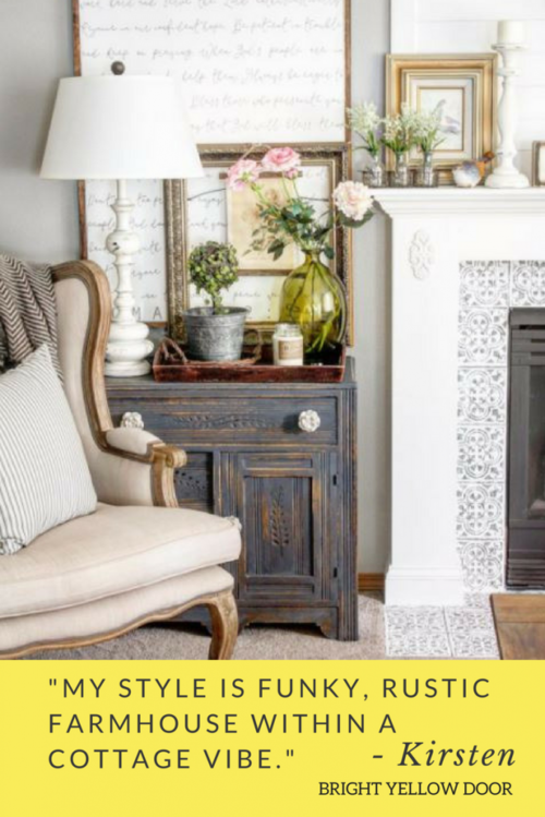"My style is funky, rustic farmhouse within a cottage vibe." Bright Yellow Door on Mohawk Homescapes