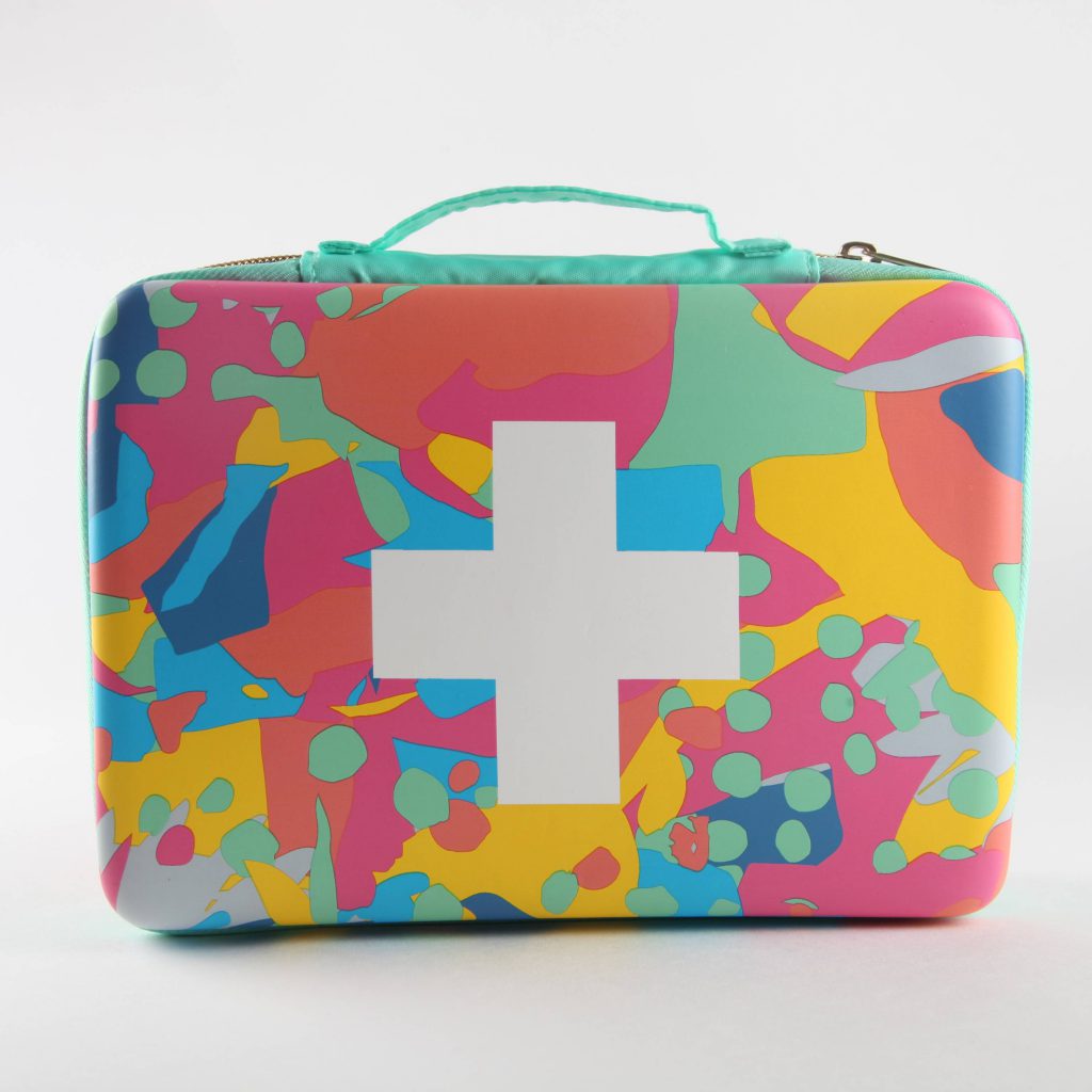 Brightly colored first aid kit from Target