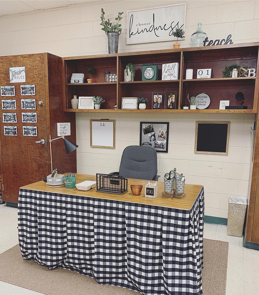 Farmhouse classroom featuring buffalo check table skirt