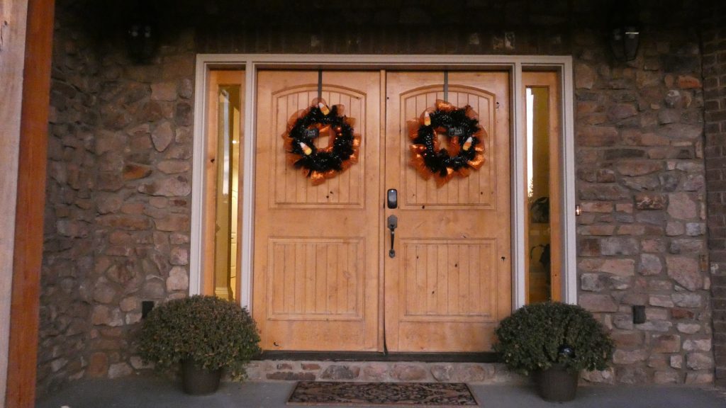 Halloween wreaths on the front door