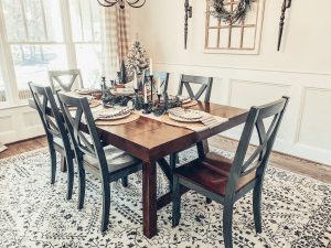 Christmas tablescape featuring Mohawk Home Estelle area rug in Oyster